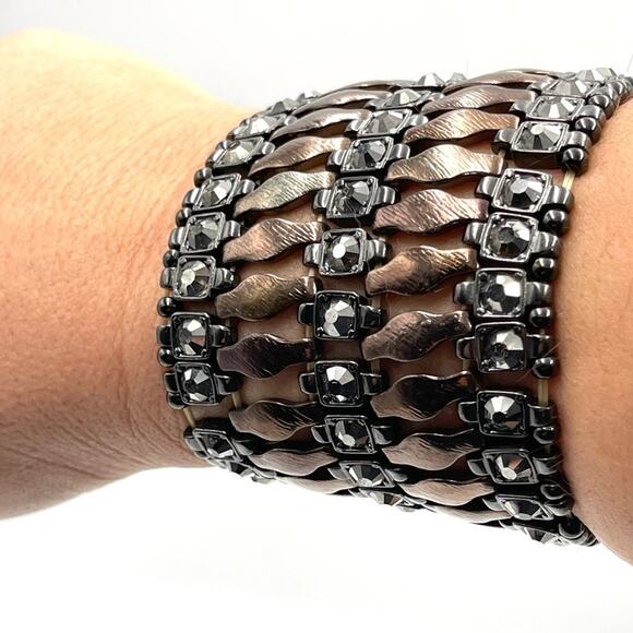 BOHO Elastic Statement metal bracelet pewter and copper tones - Picture 1 of 10